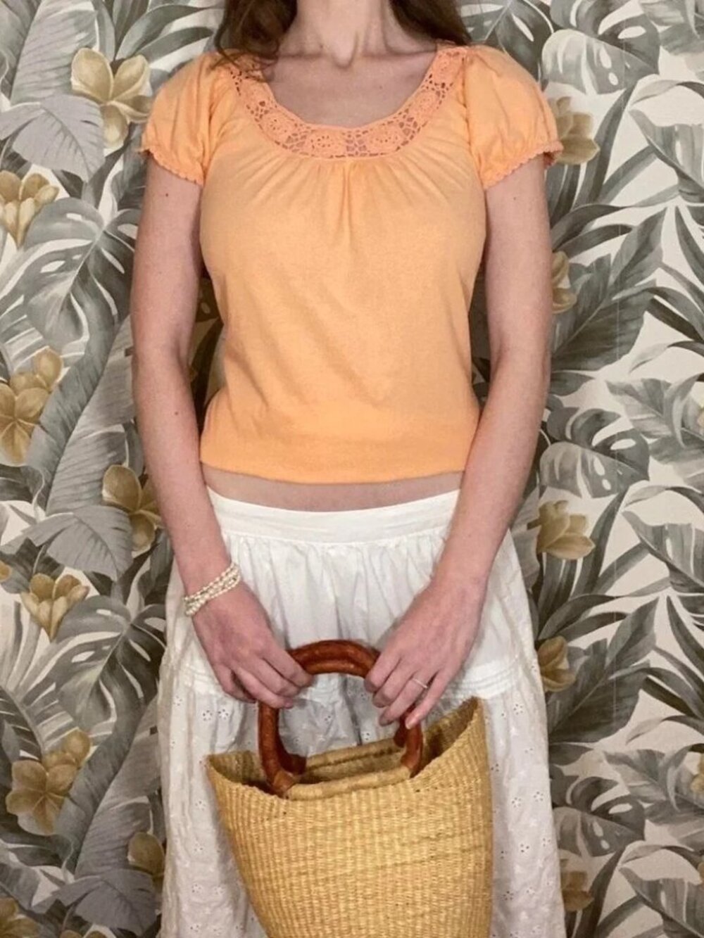 Will Smith coral cotton knit top with delicate crochet trim sleeves
